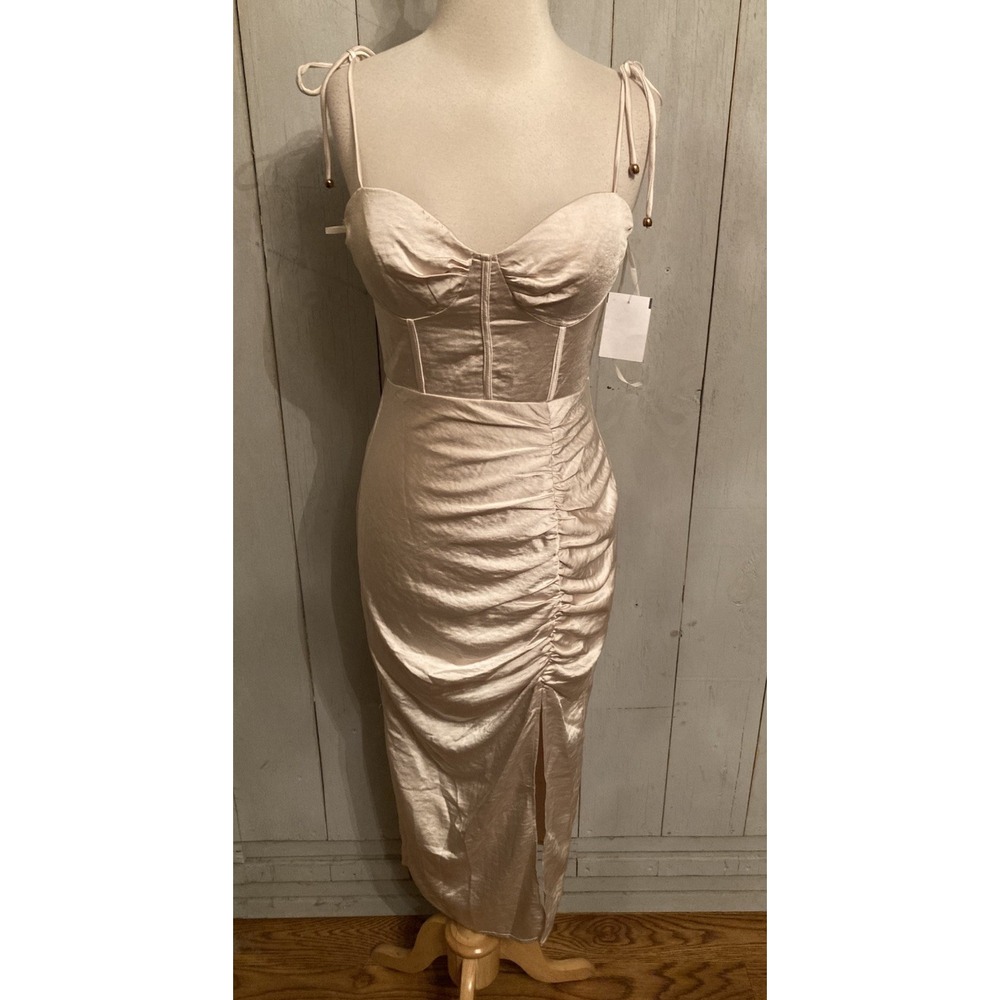 Selfie Leslie St Lucia Front Split Corset Midi Satin Dress Champagne Beige S New